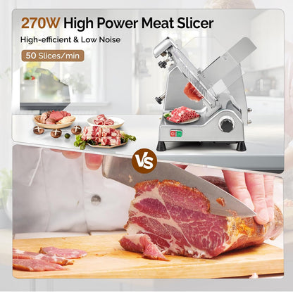 ROVUN 8 inch Commercial Meat Slicer, Electric Food Slicer, 210W Frozen Meat Deli Slicer, 0-13mm Adjustable Thickness, Chromium-Plated Steel Blade for Home and Commercial