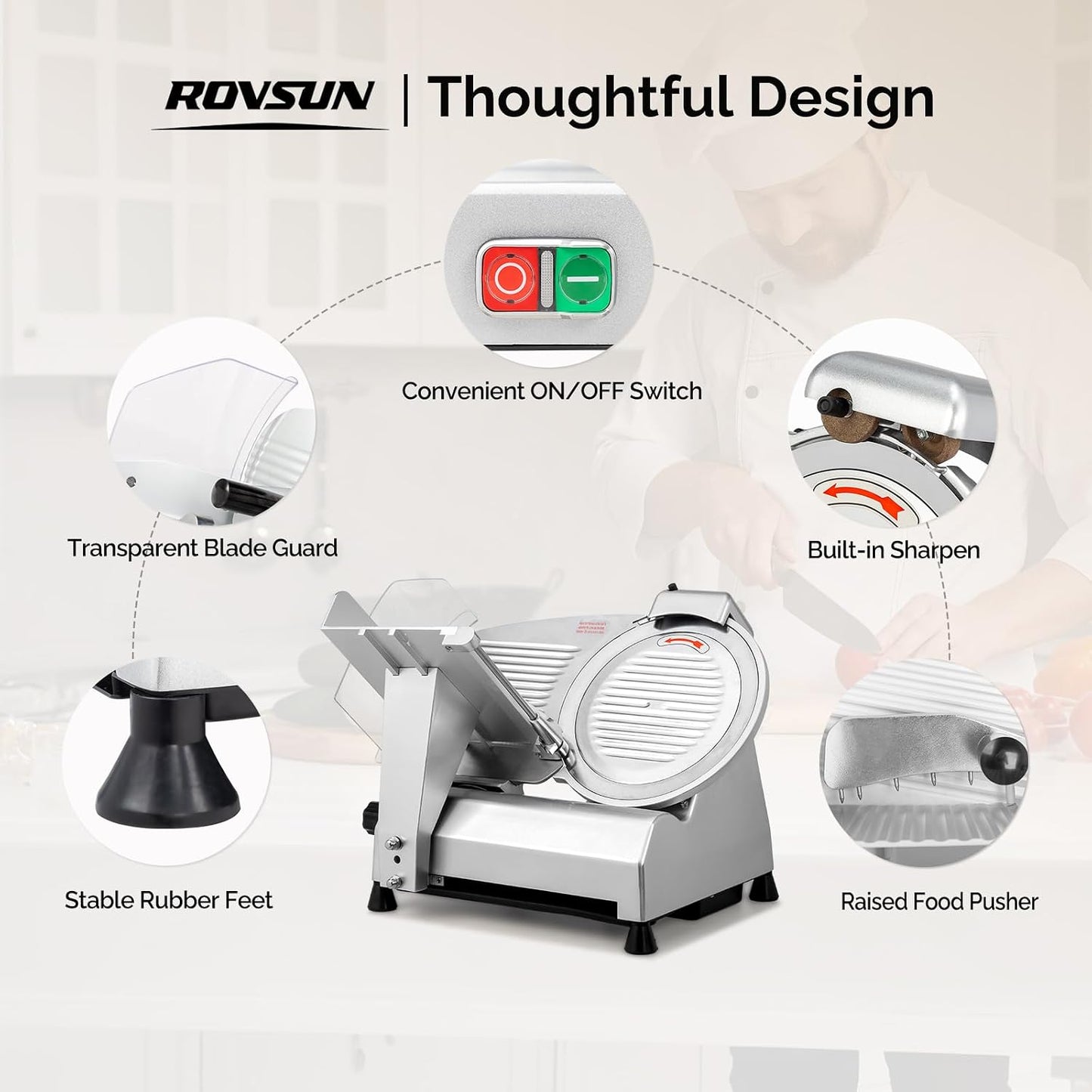 ROVUN 8 inch Commercial Meat Slicer, Electric Food Slicer, 210W Frozen Meat Deli Slicer, 0-13mm Adjustable Thickness, Chromium-Plated Steel Blade for Home and Commercial