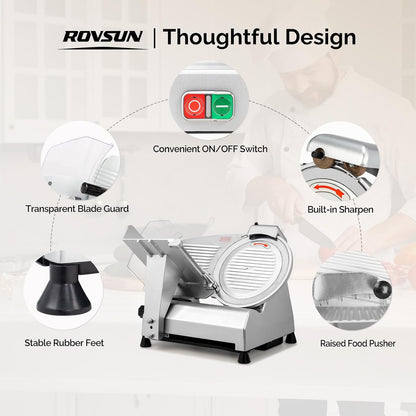 ROVUN 8 inch Commercial Meat Slicer, Electric Food Slicer, 210W Frozen Meat Deli Slicer, 0-13mm Adjustable Thickness, Chromium-Plated Steel Blade for Home and Commercial