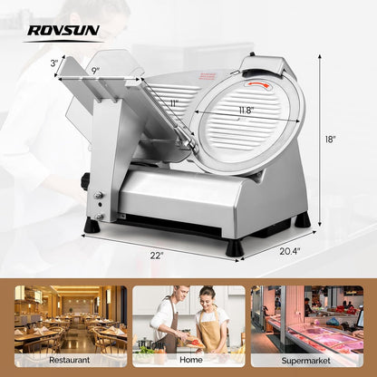 ROVUN 8 inch Commercial Meat Slicer, Electric Food Slicer, 210W Frozen Meat Deli Slicer, 0-13mm Adjustable Thickness, Chromium-Plated Steel Blade for Home and Commercial