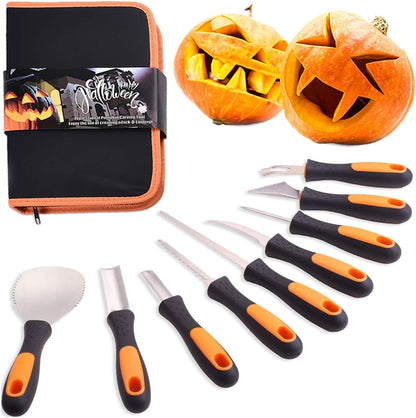 Professional Halloween Pumpkin Carving Kit, Anti-Slip Rubber Handle, 9 Piece Stainless Steel Pumpkin Carving Tools Knife Set for Halloween DIY Decoration, with Storage Bag and Stencils