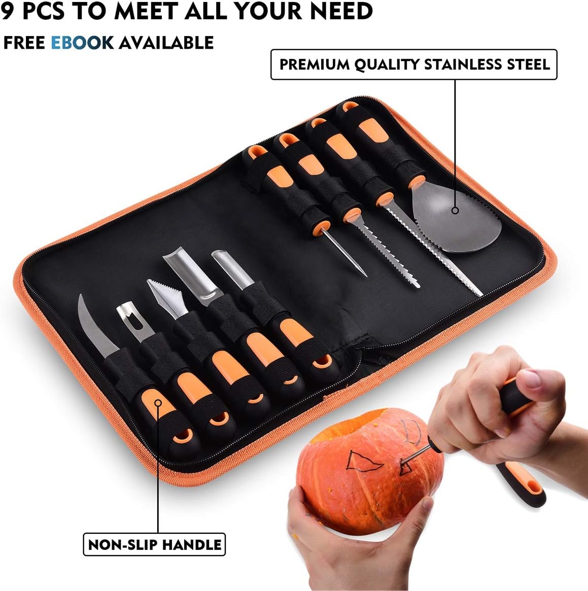 Professional Halloween Pumpkin Carving Kit, Anti-Slip Rubber Handle, 9 Piece Stainless Steel Pumpkin Carving Tools Knife Set for Halloween DIY Decoration, with Storage Bag and Stencils