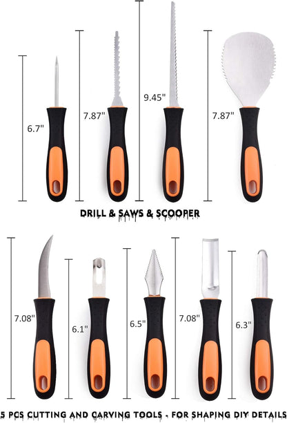 Professional Halloween Pumpkin Carving Kit, Anti-Slip Rubber Handle, 9 Piece Stainless Steel Pumpkin Carving Tools Knife Set for Halloween DIY Decoration, with Storage Bag and Stencils