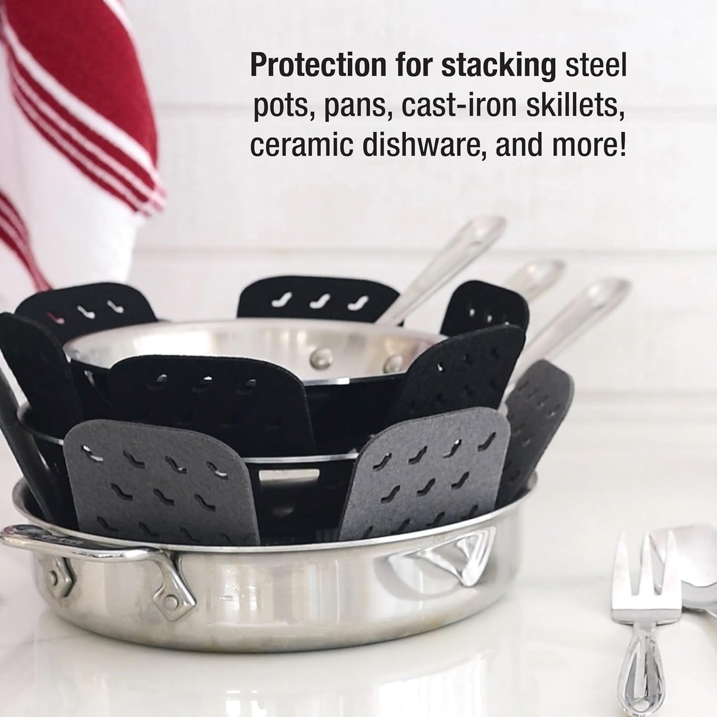 Premium Cookware Protectors: Pot and Pan Protectors for Kitchen Organization - Perfect for Cast Iron, Steel, or Glass, (3-Piece), Black/Grey