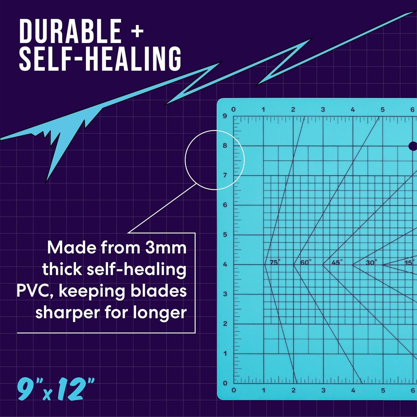 9" x 12" Self-Healing Cutting Mat, PVC Grid Mat, Crafting and Sewing Mat for Multiple Projects, Arts and Crafts, Silhouette Cutting, Cyan/Purple BP