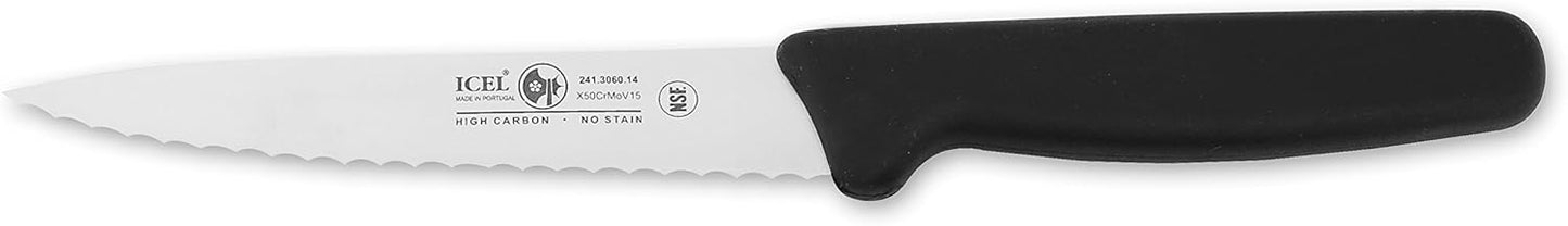 Cutlery 5 1/2-inch Stiff Boning Knife, Extra Wide Serrated Blade, Black Handle