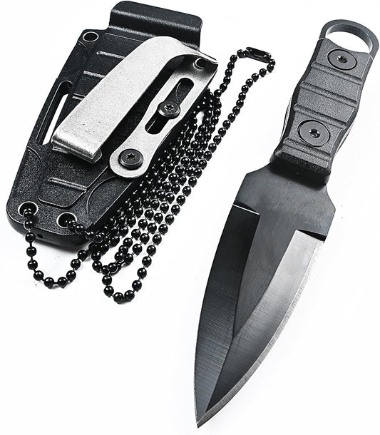 Fixed Blade Knife, Full Tang w/Kydex Sheath, Belt Clip and Necklace easy Carry, Good for Camping Hiking Knife, Fishing Hunting edc MIN Knife Black