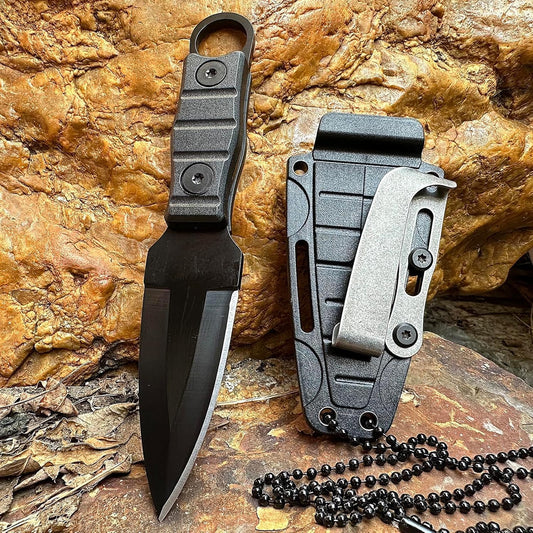 Fixed Blade Knife, Full Tang w/Kydex Sheath, Belt Clip and Necklace easy Carry, Good for Camping Hiking Knife, Fishing Hunting edc MIN Knife Black