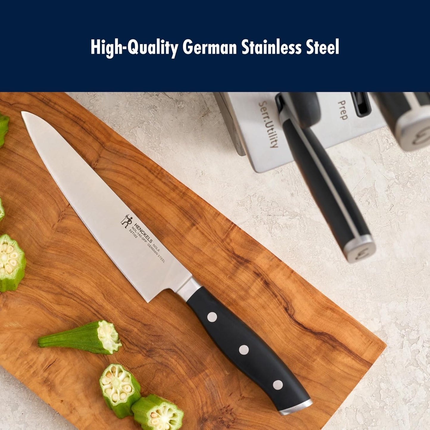 x Emeril, Nola Self Sharpening 7-Pc Knife Set, German Engineered | Automatically Sharpens Knives When Stored in The Knife Block. Dishwasher Safe, Comfortable Handle, Effortless Cutting.