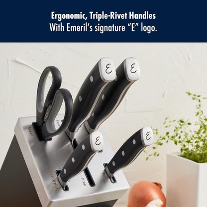x Emeril, Nola Self Sharpening 7-Pc Knife Set, German Engineered | Automatically Sharpens Knives When Stored in The Knife Block. Dishwasher Safe, Comfortable Handle, Effortless Cutting.