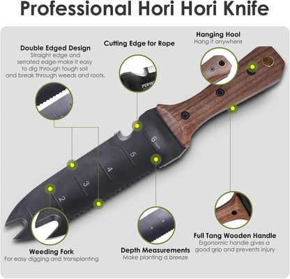 Hori Hori Garden Knife, Garden Tools with Sheath for Weeding, Planting, Digging, 7" Stainless Steel Blade with Cutting Edge, Full-Tang Wood Handle with Hanging Hole