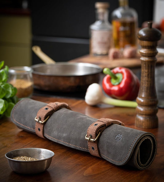 Knife Roll Bag of genuine buffalo Leather – Handcrafted Chef`s Knife Roll Storage Bag/Case 7 slots – Sean (Olive-Green/Brown)