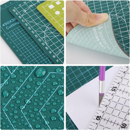 3Pcs Self Healing Cutting Mat with Knife and Quilting Ruler，3 Size Non-Slip Cutting Mat for Crafts Hobby Project， A3/A4/A5，Green