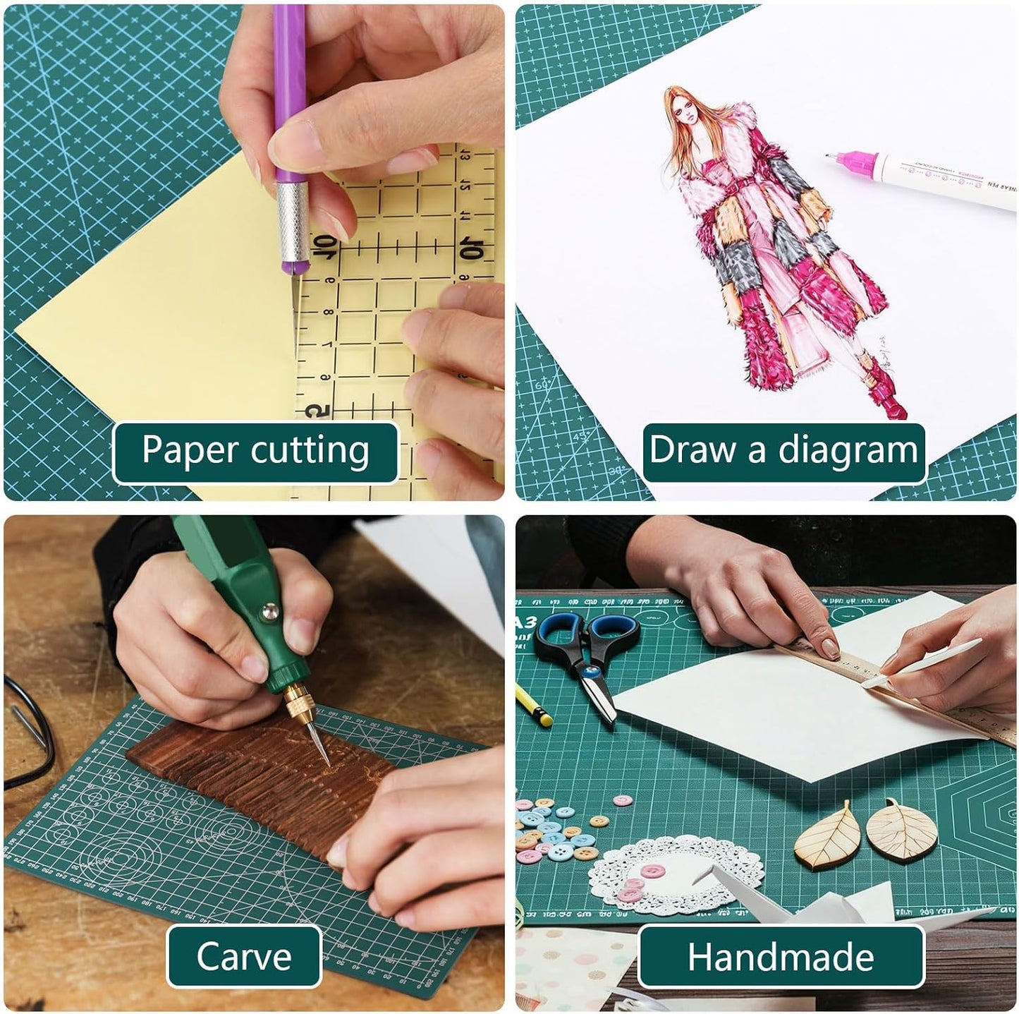 3Pcs Self Healing Cutting Mat with Knife and Quilting Ruler，3 Size Non-Slip Cutting Mat for Crafts Hobby Project， A3/A4/A5，Green