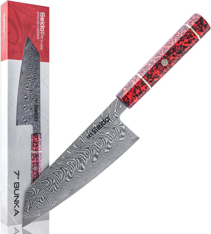 Seido Epokishi 7-Inch AUS-10 Damascus Bunka Knife, Red Resin Handle