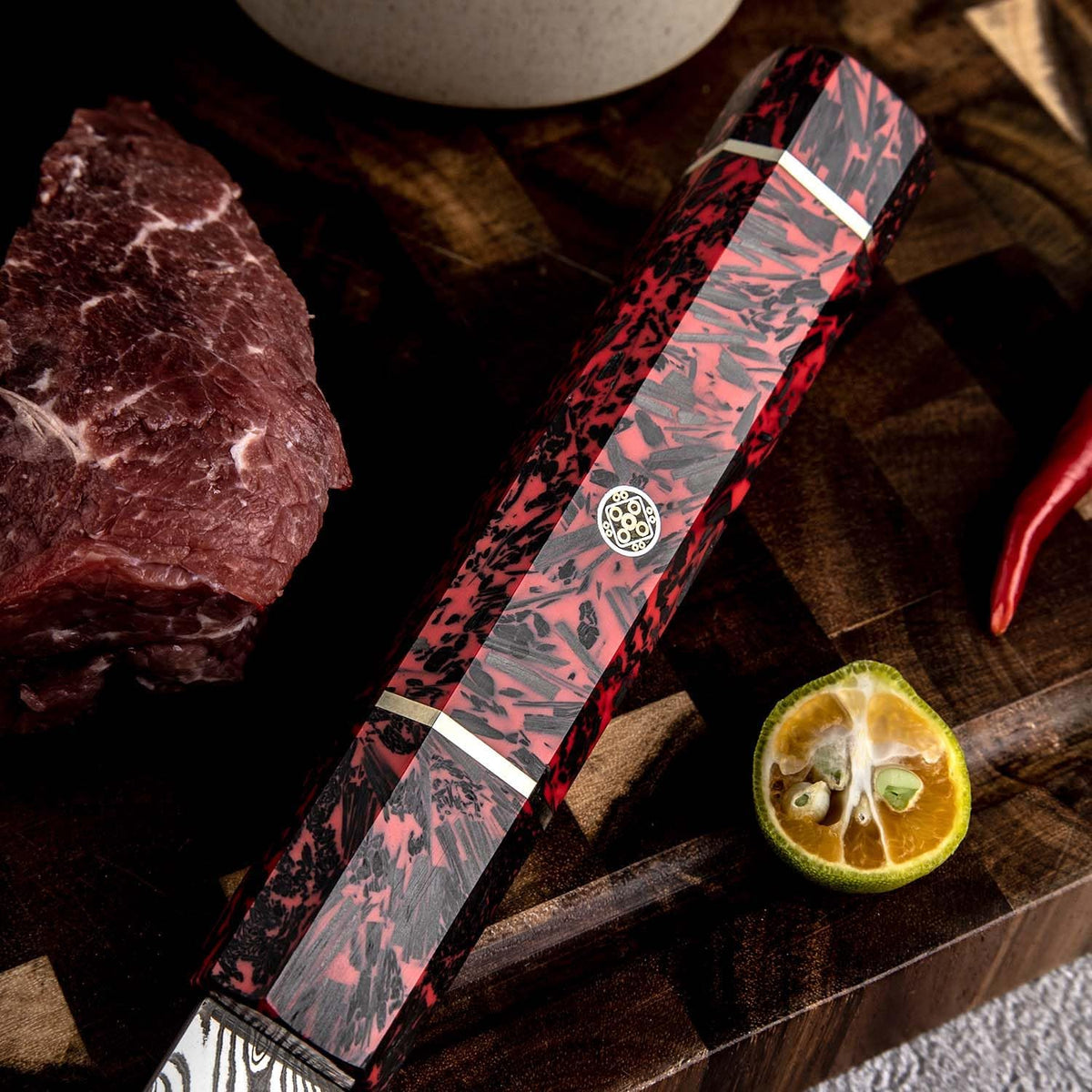 Seido Epokishi 7-Inch AUS-10 Damascus Bunka Knife, Red Resin Handle