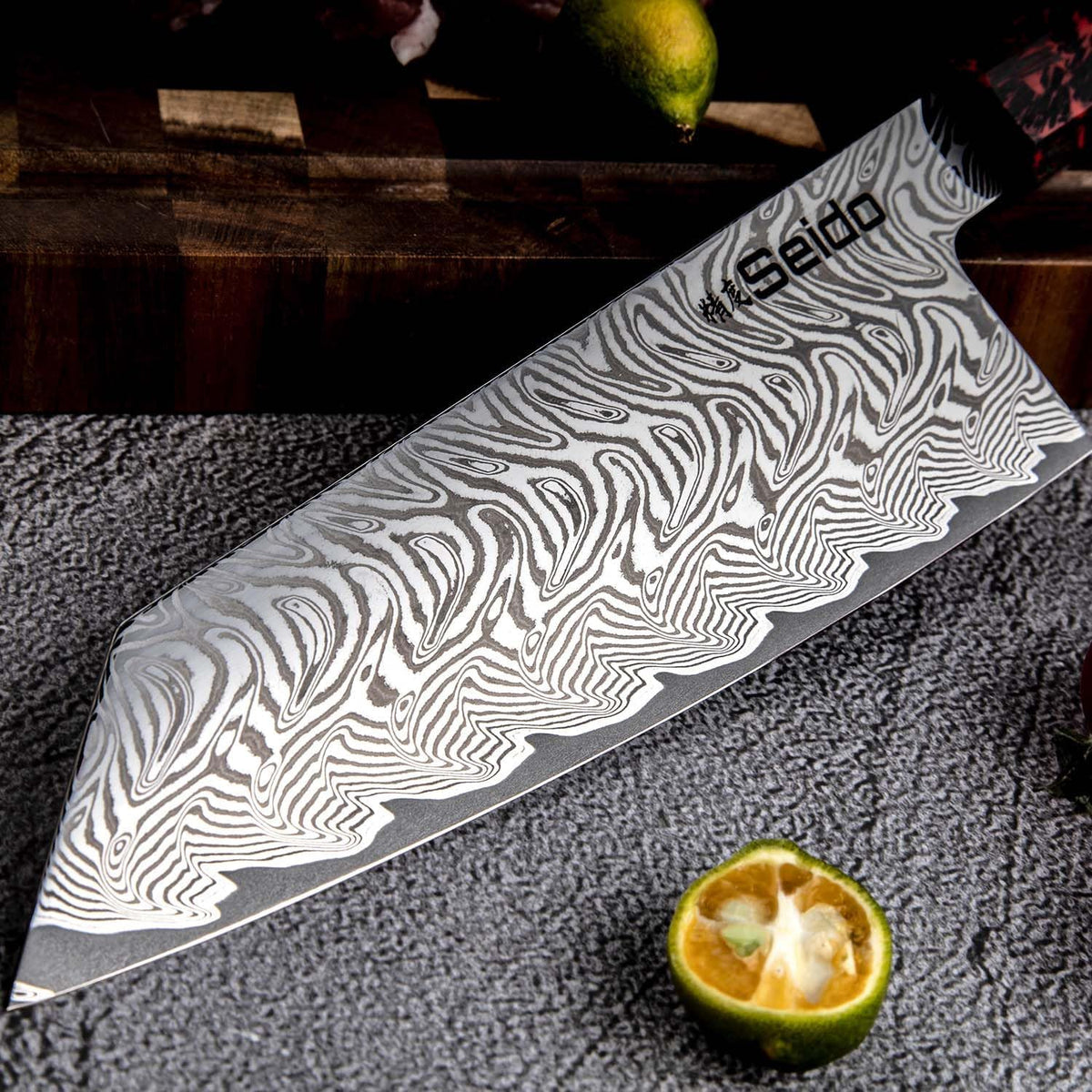 Seido Epokishi 7-Inch AUS-10 Damascus Bunka Knife, Red Resin Handle
