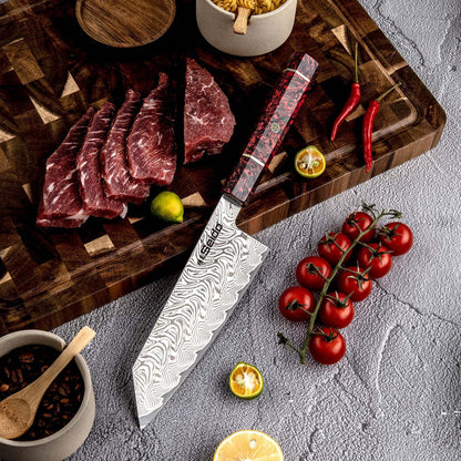 Seido Epokishi 7-Inch AUS-10 Damascus Bunka Knife, Red Resin Handle