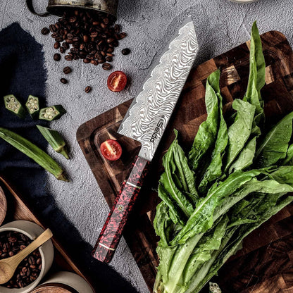 Seido Epokishi 7-Inch AUS-10 Damascus Bunka Knife, Red Resin Handle
