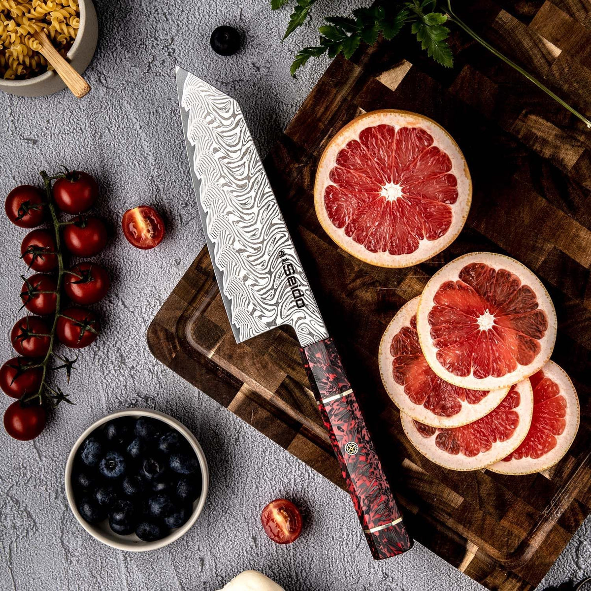 Seido Epokishi 7-Inch AUS-10 Damascus Bunka Knife, Red Resin Handle