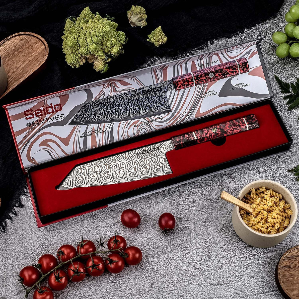 Seido Epokishi 7-Inch AUS-10 Damascus Bunka Knife, Red Resin Handle