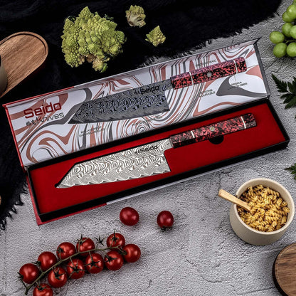 Seido Epokishi 7-Inch AUS-10 Damascus Bunka Knife, Red Resin Handle