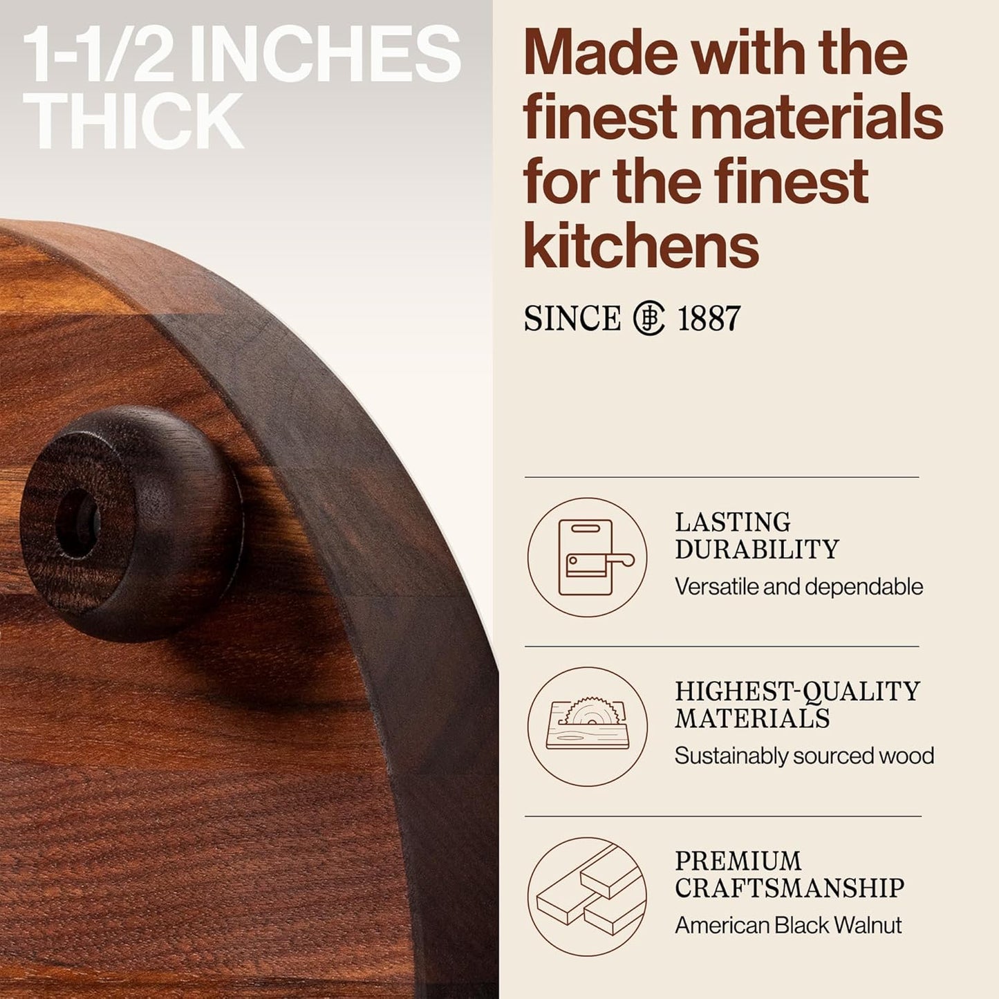 B Series Round Wooden Walnut Cutting Board 12”x12” – 1.5” Thick, 12-lb Non-Reversible Butcher Block with Wood Bun Feet & Edge-Grain