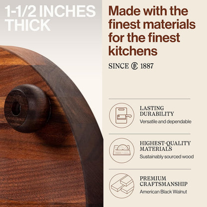 B Series Round Wooden Walnut Cutting Board 12”x12” – 1.5” Thick, 12-lb Non-Reversible Butcher Block with Wood Bun Feet & Edge-Grain