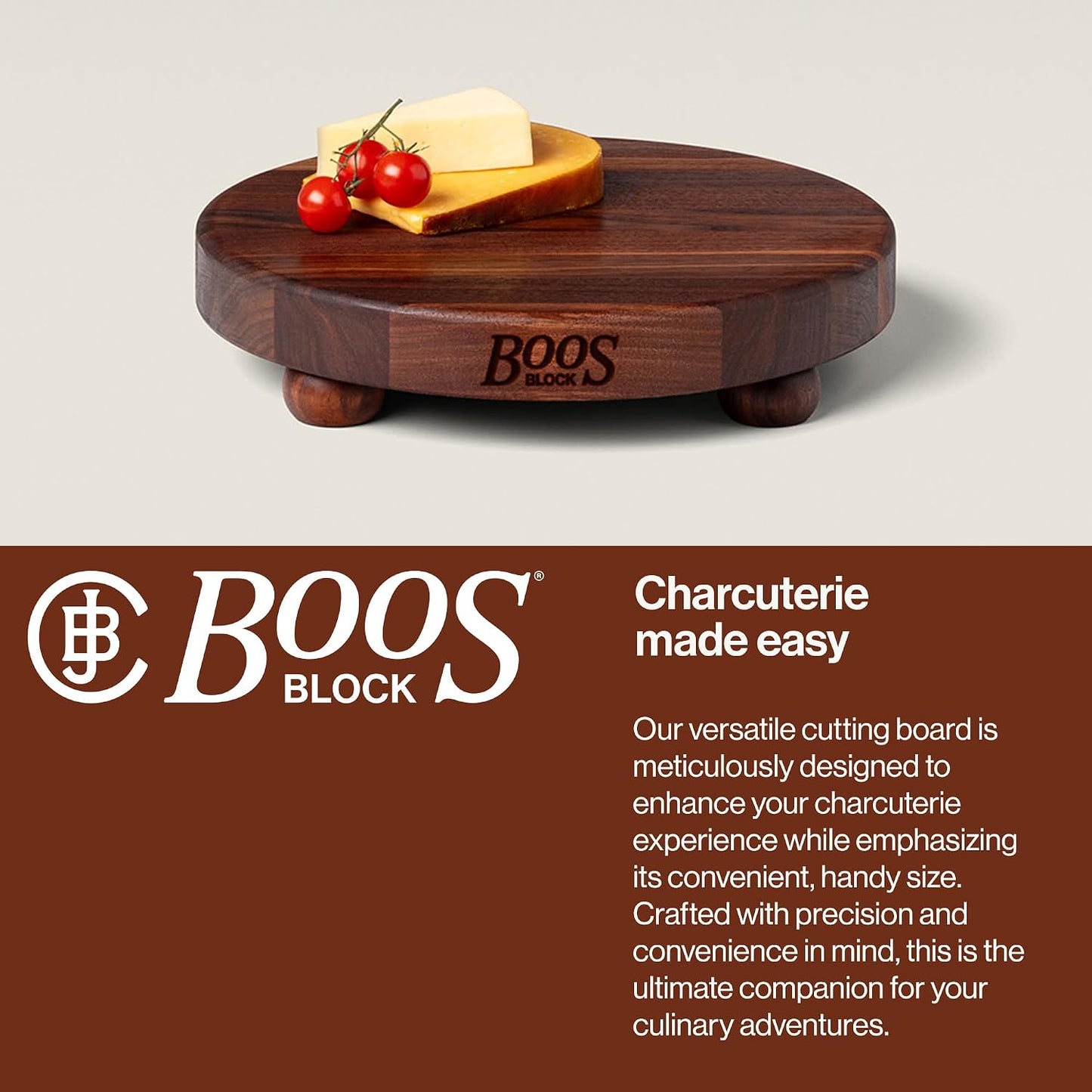 B Series Round Wooden Walnut Cutting Board 12”x12” – 1.5” Thick, 12-lb Non-Reversible Butcher Block with Wood Bun Feet & Edge-Grain