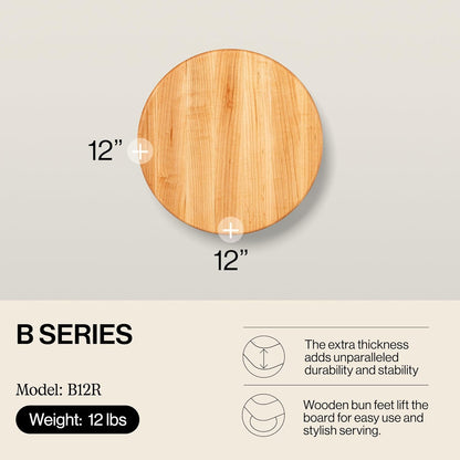 B Series Round Wooden Walnut Cutting Board 12”x12” – 1.5” Thick, 12-lb Non-Reversible Butcher Block with Wood Bun Feet & Edge-Grain