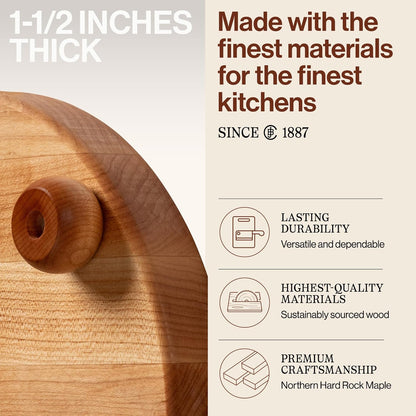 B Series Round Wooden Walnut Cutting Board 12”x12” – 1.5” Thick, 12-lb Non-Reversible Butcher Block with Wood Bun Feet & Edge-Grain