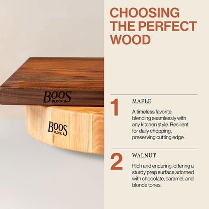 B Series Round Wooden Walnut Cutting Board 12”x12” – 1.5” Thick, 12-lb Non-Reversible Butcher Block with Wood Bun Feet & Edge-Grain