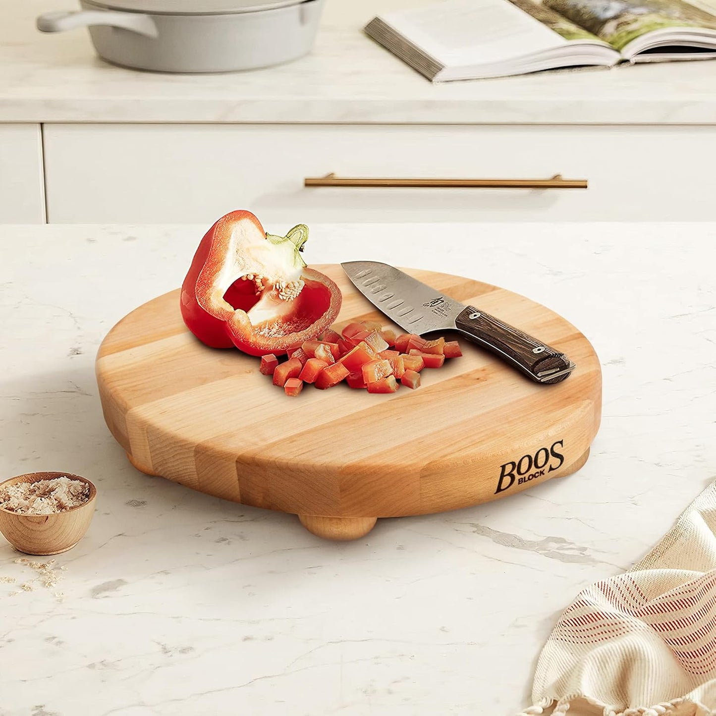 B Series Round Wooden Walnut Cutting Board 12”x12” – 1.5” Thick, 12-lb Non-Reversible Butcher Block with Wood Bun Feet & Edge-Grain