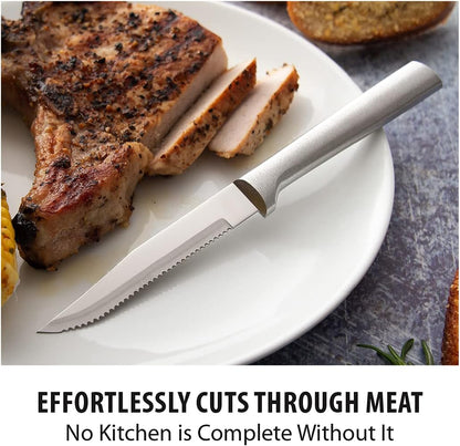 Serrated Steak Knife (R105), Silver Handle, Pack of 2 | 3.88" Stainless Steel Serrated Blade, Silver Cast Aluminum Handle