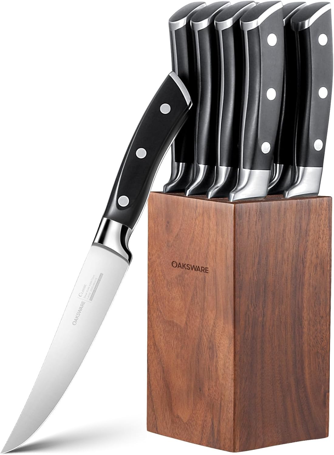 Steak Knives Set of 8, 5 Inch Non Serrated Knife with Walnut Block | Razor-Sharp Straight Edge Dinner Knives for Tear-Free Cuts, Full Tang Forged, German Stainless Steel, for Family Meals & Gift