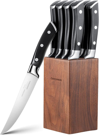 Steak Knives Set of 8, 5 Inch Non Serrated Knife with Walnut Block | Razor-Sharp Straight Edge Dinner Knives for Tear-Free Cuts, Full Tang Forged, German Stainless Steel, for Family Meals & Gift