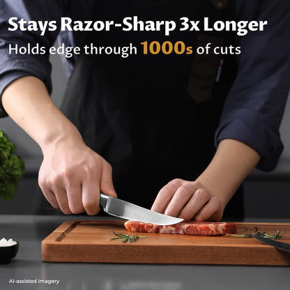 Steak Knives Set of 8, 5 Inch Non Serrated Knife with Walnut Block | Razor-Sharp Straight Edge Dinner Knives for Tear-Free Cuts, Full Tang Forged, German Stainless Steel, for Family Meals & Gift