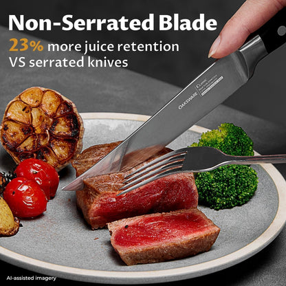 Steak Knives Set of 8, 5 Inch Non Serrated Knife with Walnut Block | Razor-Sharp Straight Edge Dinner Knives for Tear-Free Cuts, Full Tang Forged, German Stainless Steel, for Family Meals & Gift