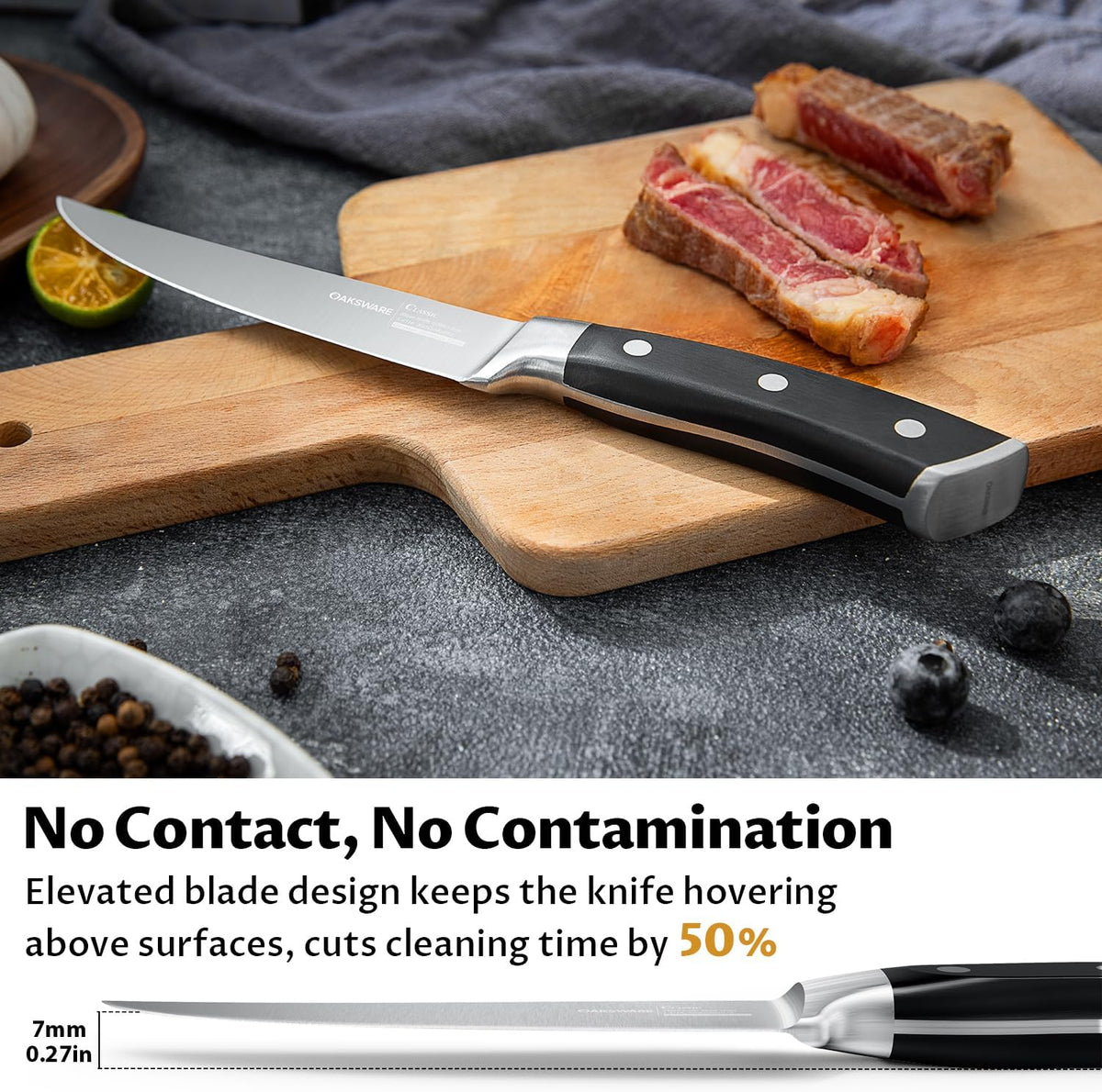 Steak Knives Set of 8, 5 Inch Non Serrated Knife with Walnut Block | Razor-Sharp Straight Edge Dinner Knives for Tear-Free Cuts, Full Tang Forged, German Stainless Steel, for Family Meals & Gift