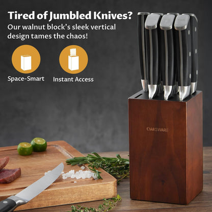 Steak Knives Set of 8, 5 Inch Non Serrated Knife with Walnut Block | Razor-Sharp Straight Edge Dinner Knives for Tear-Free Cuts, Full Tang Forged, German Stainless Steel, for Family Meals & Gift