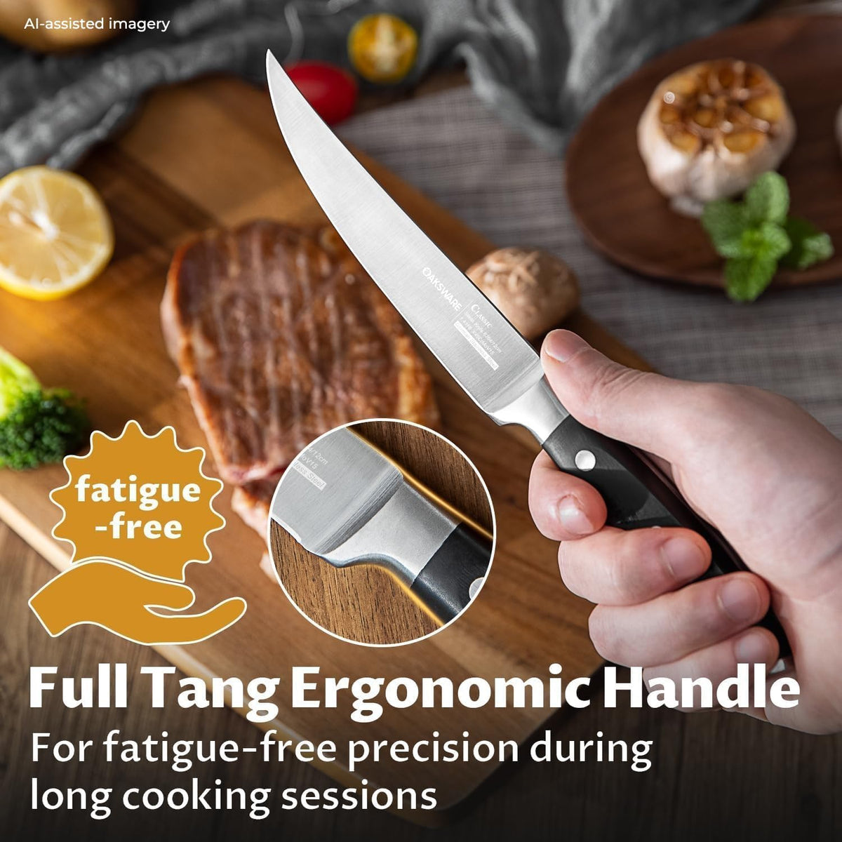 Steak Knives Set of 8, 5 Inch Non Serrated Knife with Walnut Block | Razor-Sharp Straight Edge Dinner Knives for Tear-Free Cuts, Full Tang Forged, German Stainless Steel, for Family Meals & Gift