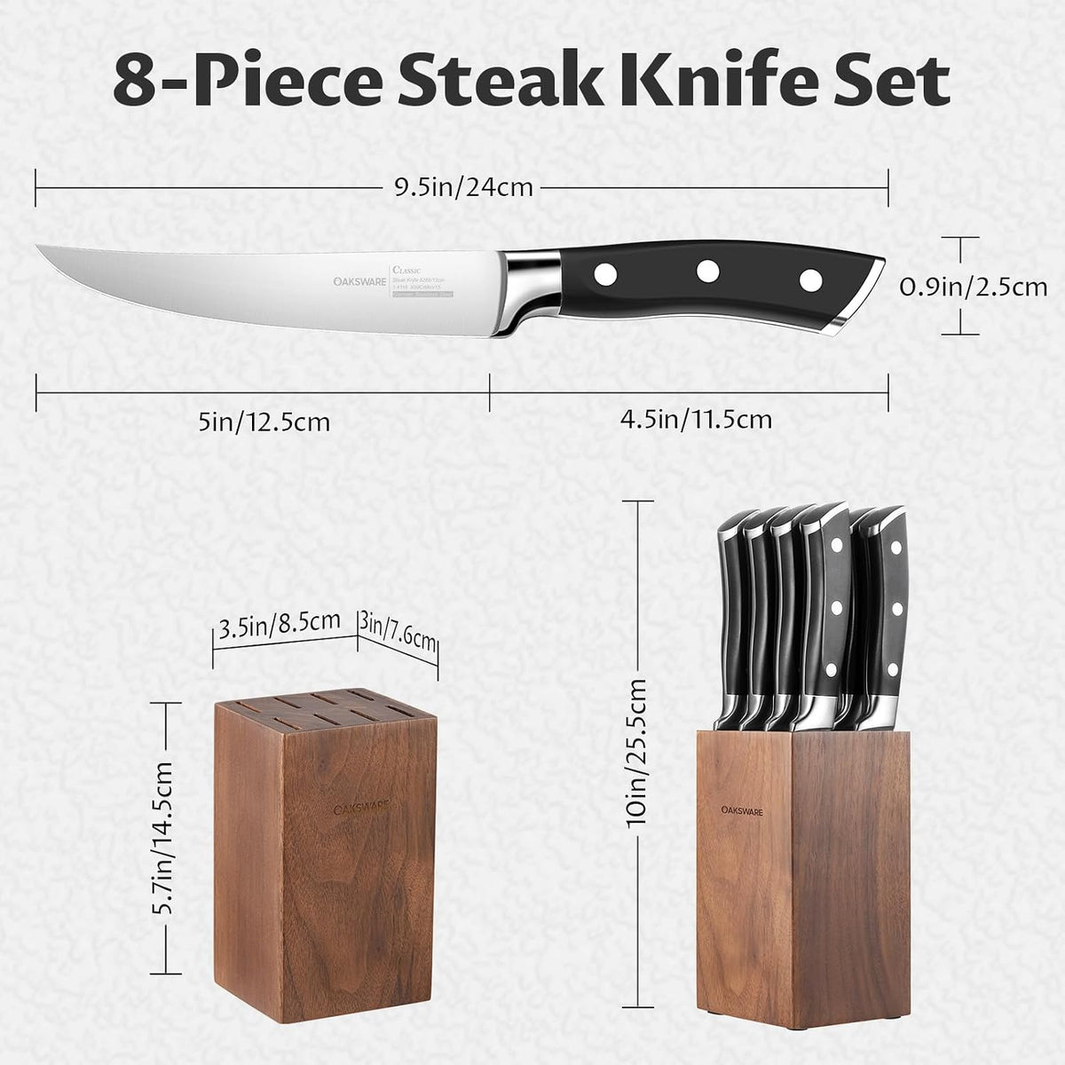 Steak Knives Set of 8, 5 Inch Non Serrated Knife with Walnut Block | Razor-Sharp Straight Edge Dinner Knives for Tear-Free Cuts, Full Tang Forged, German Stainless Steel, for Family Meals & Gift