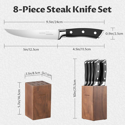 Steak Knives Set of 8, 5 Inch Non Serrated Knife with Walnut Block | Razor-Sharp Straight Edge Dinner Knives for Tear-Free Cuts, Full Tang Forged, German Stainless Steel, for Family Meals & Gift
