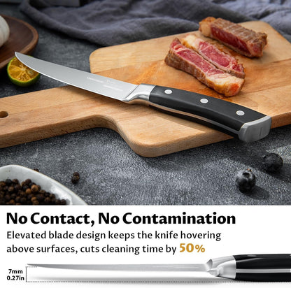 Steak Knives Set of 8, 5 Inch Non Serrated Knife with Walnut Block | Razor-Sharp Straight Edge Dinner Knives for Tear-Free Cuts, Full Tang Forged, German Stainless Steel, for Family Meals & Gift