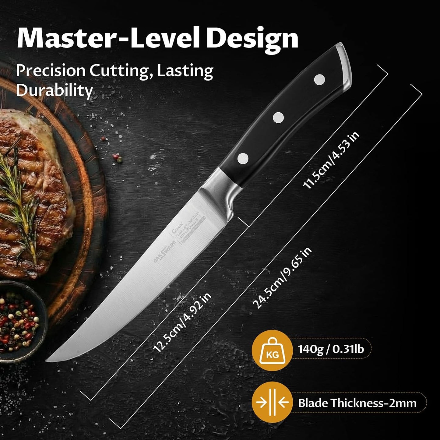 Steak Knives Set of 8, 5 Inch Non Serrated Knife with Walnut Block | Razor-Sharp Straight Edge Dinner Knives for Tear-Free Cuts, Full Tang Forged, German Stainless Steel, for Family Meals & Gift