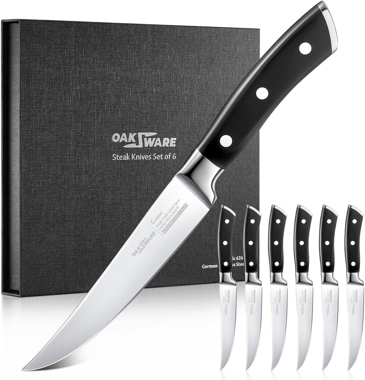 Steak Knives Set of 8, 5 Inch Non Serrated Knife with Walnut Block | Razor-Sharp Straight Edge Dinner Knives for Tear-Free Cuts, Full Tang Forged, German Stainless Steel, for Family Meals & Gift