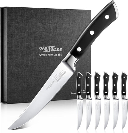 Steak Knives Set of 8, 5 Inch Non Serrated Knife with Walnut Block | Razor-Sharp Straight Edge Dinner Knives for Tear-Free Cuts, Full Tang Forged, German Stainless Steel, for Family Meals & Gift