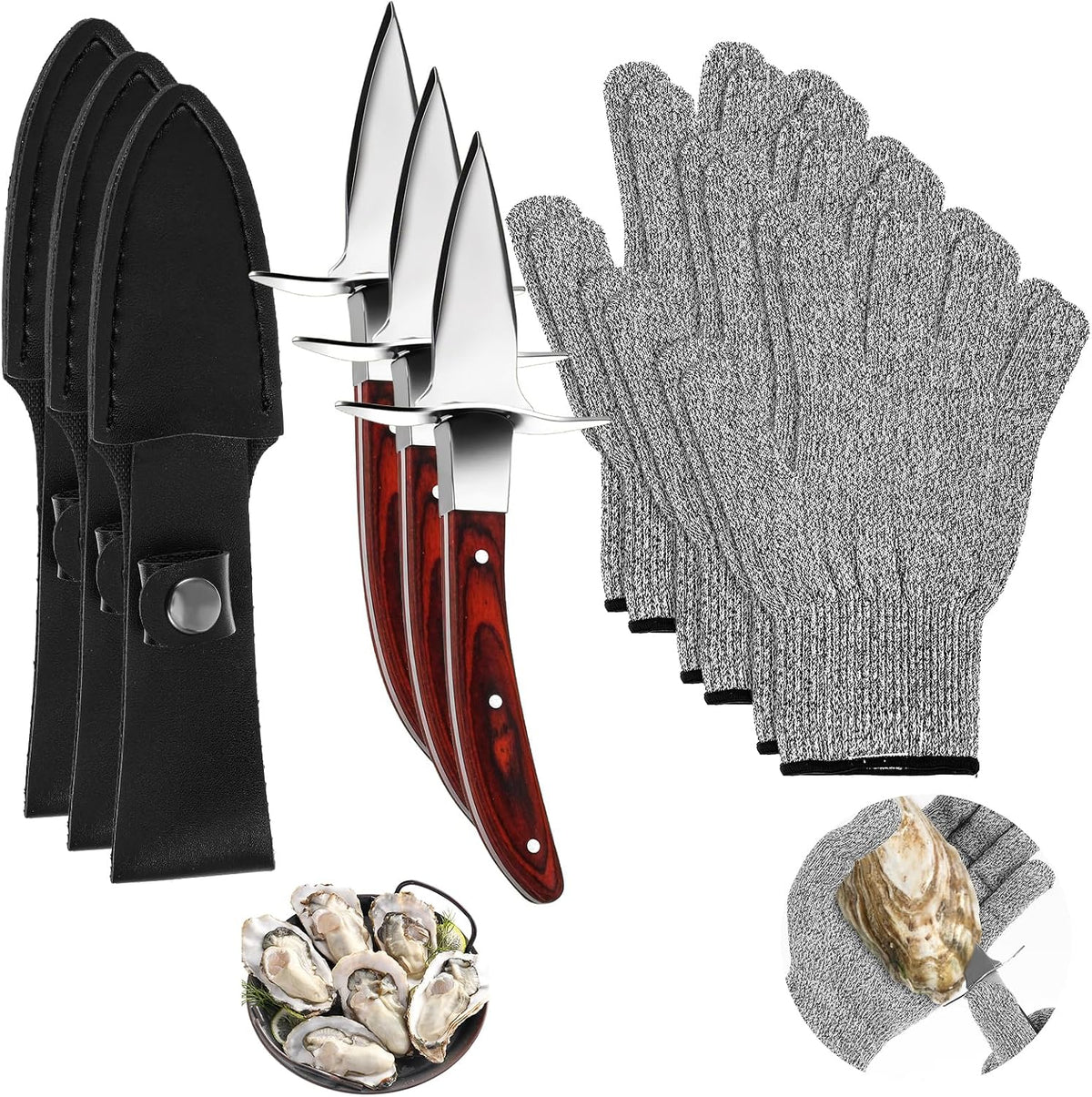 3 Set Oyster Shucker, Oyster Shucking Knife for Oyster Clam Pearl Shell Shucking, Shucking Tool Kit, 3 Stainless Steel Oyster Knifes with Wooden Handle 3 Pairs Oyster Shucking Gloves