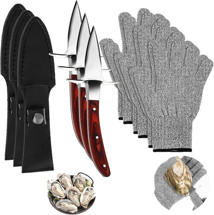 3 Set Oyster Shucker, Oyster Shucking Knife for Oyster Clam Pearl Shell Shucking, Shucking Tool Kit, 3 Stainless Steel Oyster Knifes with Wooden Handle 3 Pairs Oyster Shucking Gloves