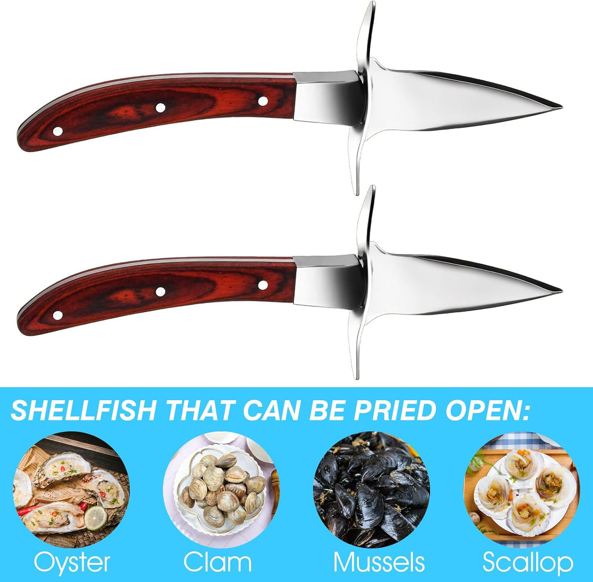 3 Set Oyster Shucker, Oyster Shucking Knife for Oyster Clam Pearl Shell Shucking, Shucking Tool Kit, 3 Stainless Steel Oyster Knifes with Wooden Handle 3 Pairs Oyster Shucking Gloves